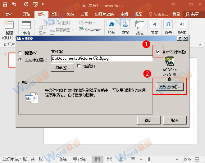 勾选&ldquo;显示为图标&rdquo;
